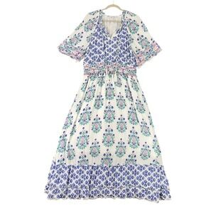 Chicos Floral‎ Boho Maxi Dress Womens 16 Smocked Waist Lace Hem Resort Style